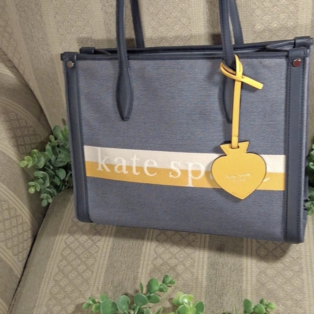 Kate Spade Denim & Stripe Market Tote With Charm Accent